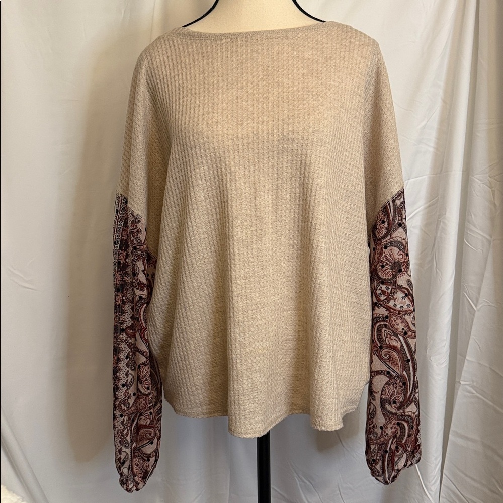 Gypsies & Moondust Boho Paisley Sleeve Waffle Knit Top Large Oversized - Picture 2 of 11